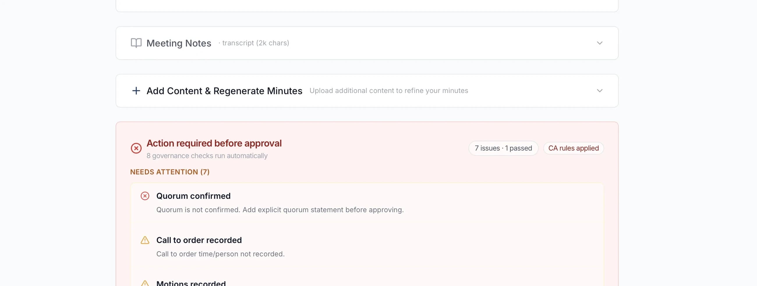 Compliance panel showing needs-attention items and passed governance checks with detailed descriptions