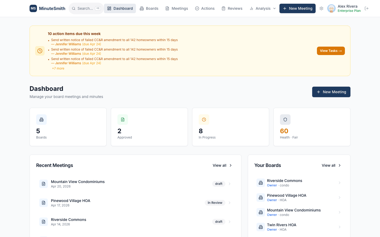 Dashboard with board health score and governance metrics