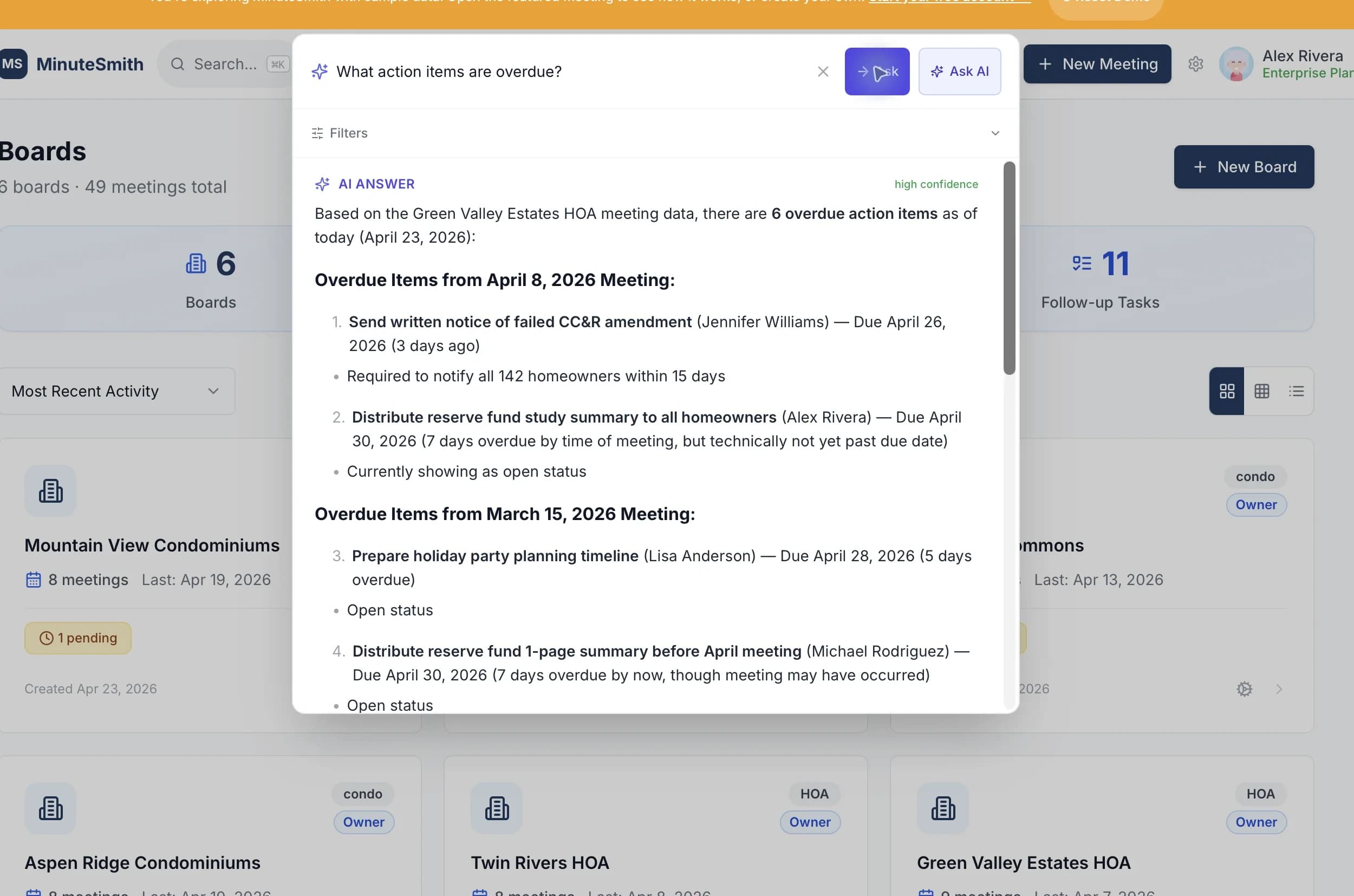 MinuteSmith Analysis surface — Top Signals briefing showing Needs Attention, Most Active Topic, and Potentially Unresolved cards above a focus map of recurring topics across recent meetings