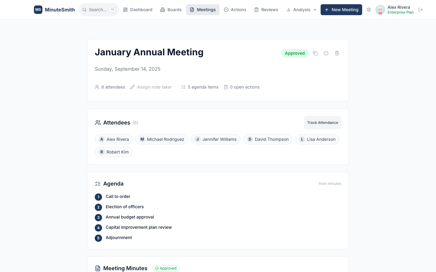 MinuteSmith generating board minutes from meeting notes