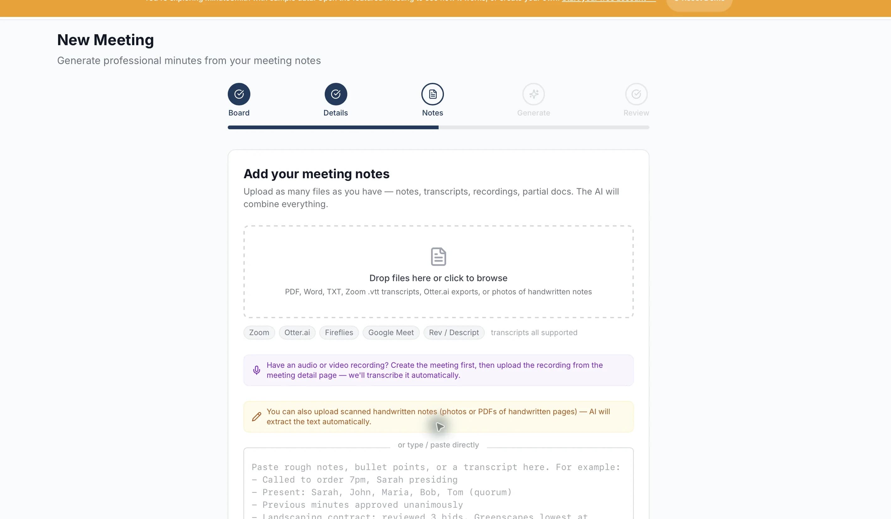 Meeting page showing recording upload, transcript input, and file attachment options