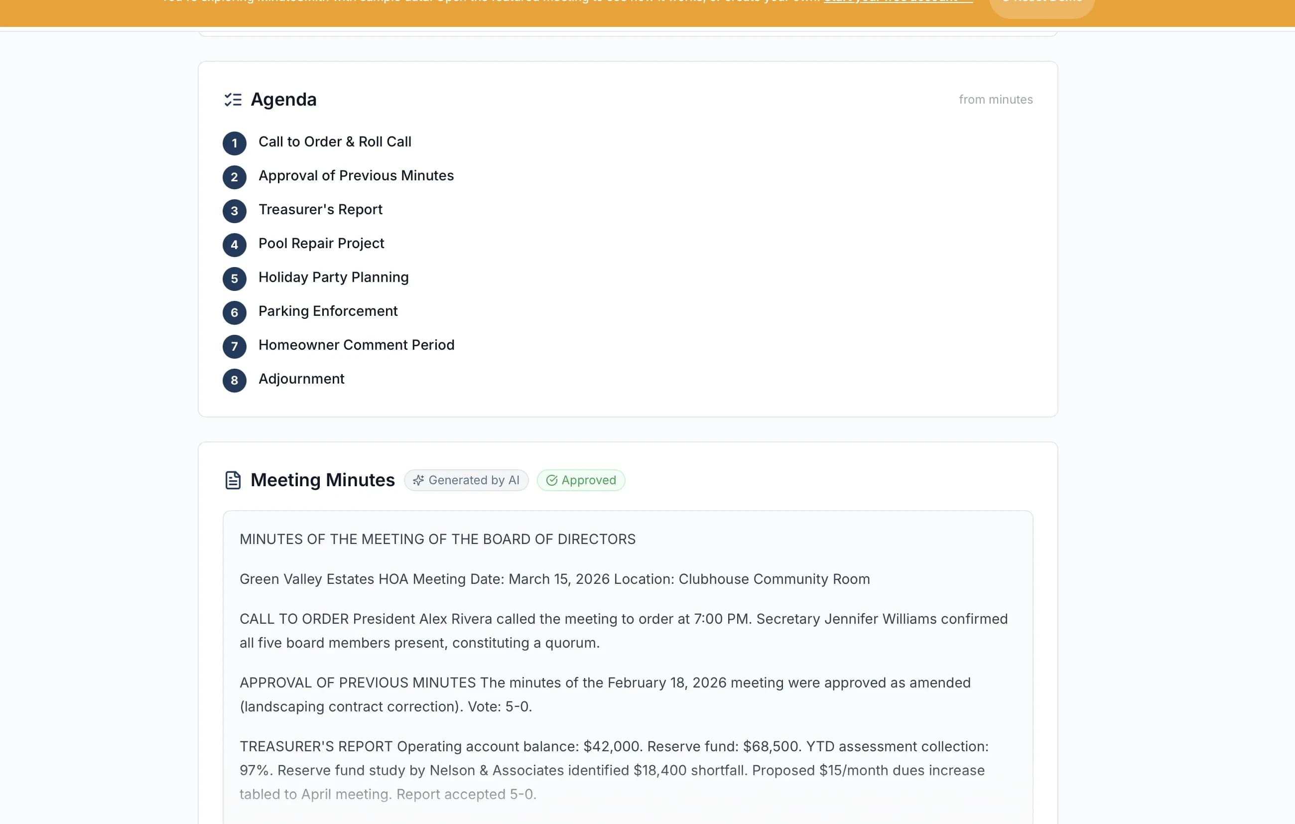 Meeting detail page showing structured board minutes with motions, vote records, and action items