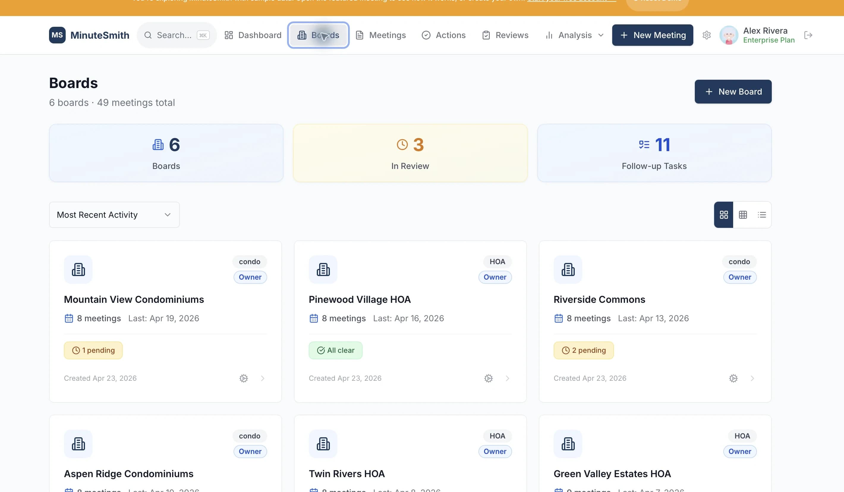Portfolio view showing 6 boards with meeting counts, pending approvals, and activity status across communities